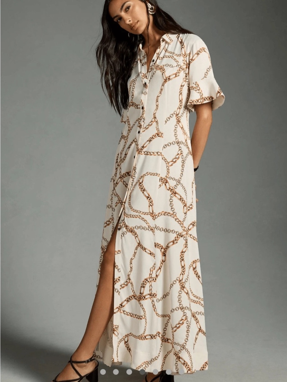 Anthro Maeve Short Sleeve Printed Gold Chain Shirt Maxi Dress Sz S